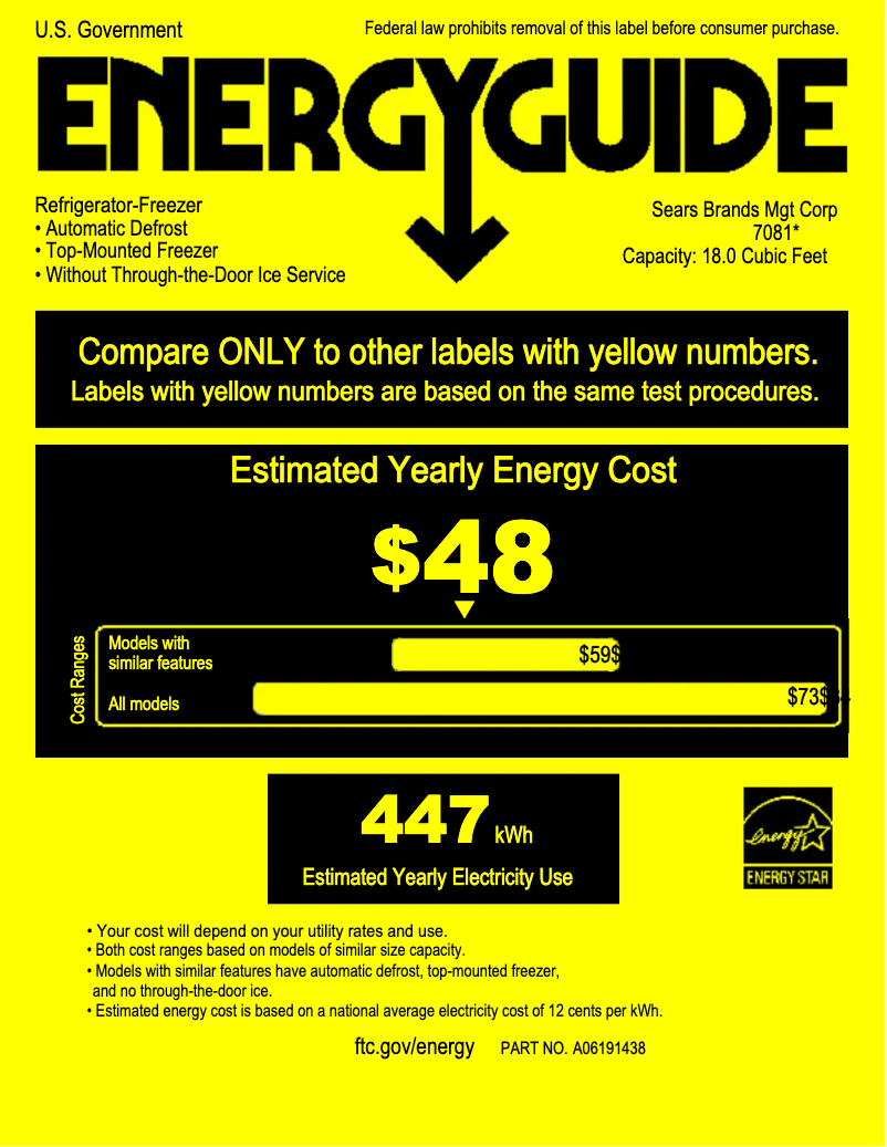Page 1 de la notice Label énergétique Kenmore 70813