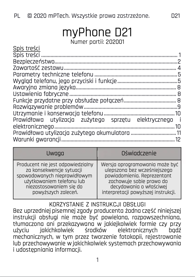 Page 1 de la notice Manuel utilisateur myPhone D21