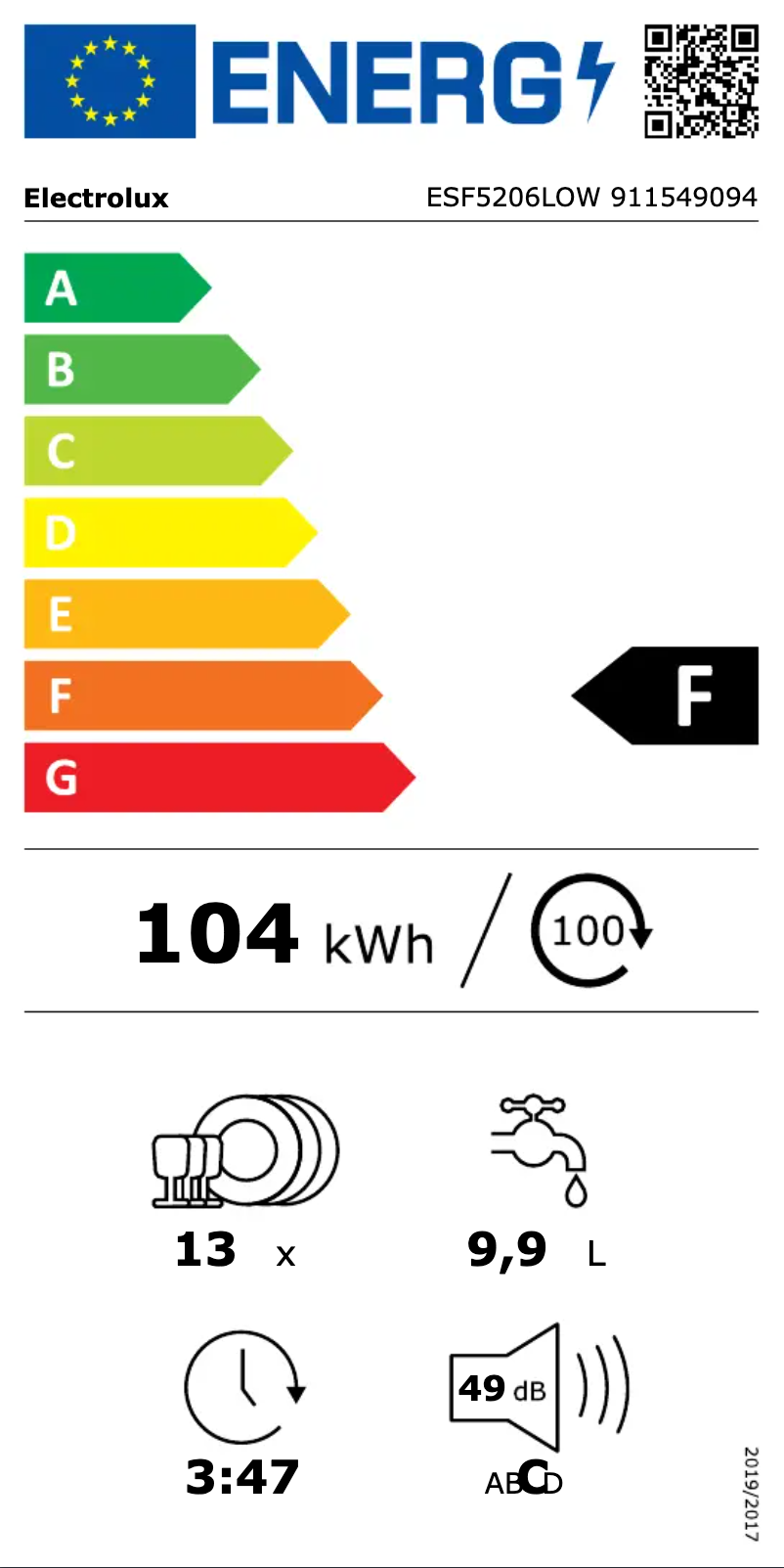 Page n°1 - Label énergétique Electrolux ESF5206LOW