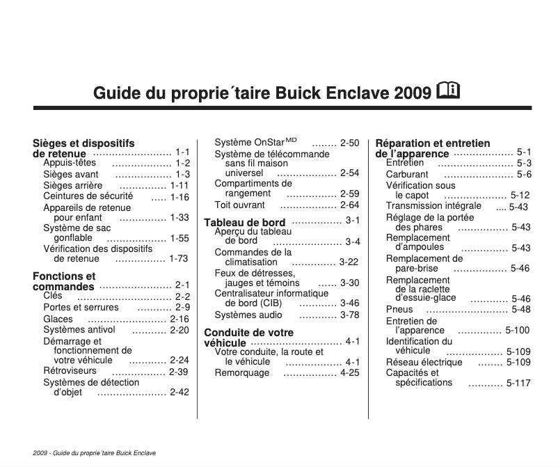 Page 1 de la notice Manuel utilisateur Buick Enclave (2009)