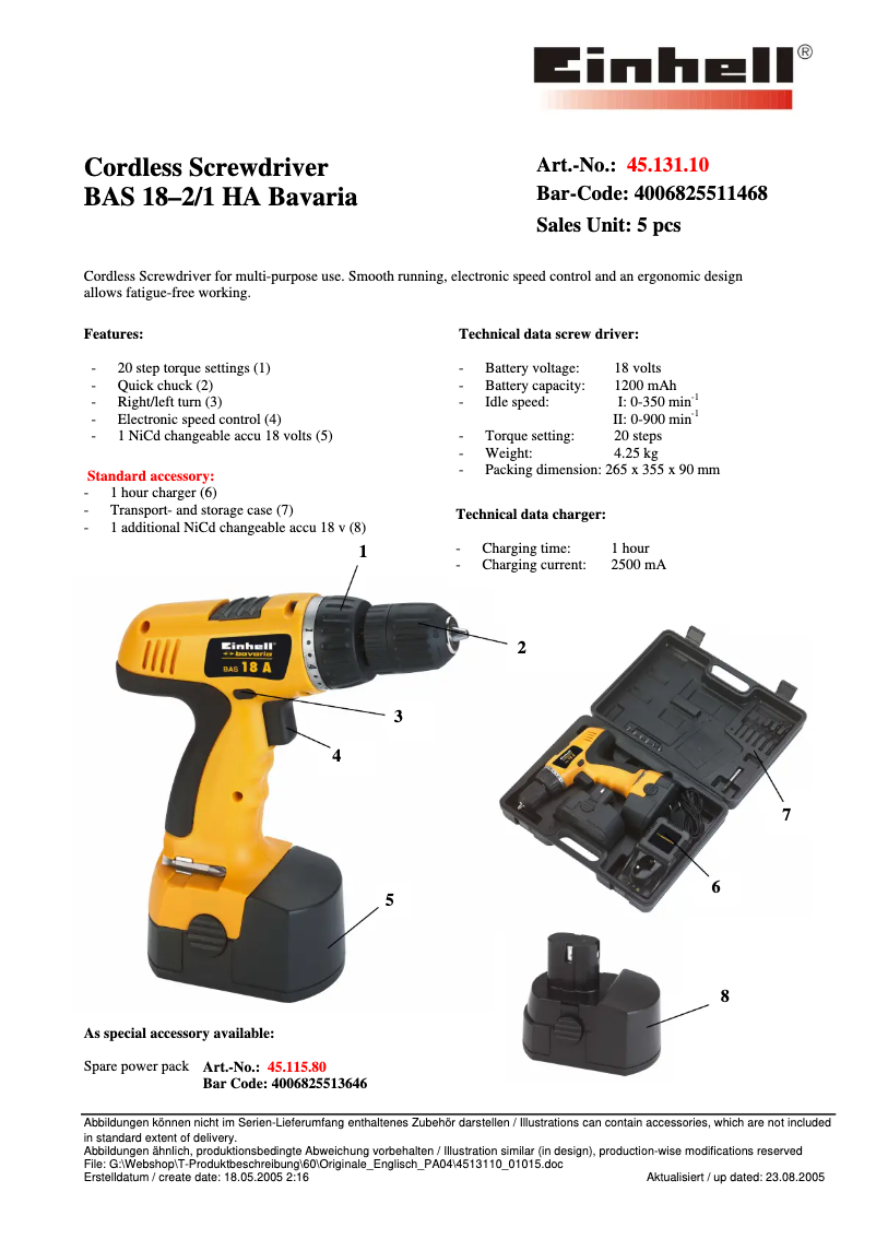 Page 1 de la notice Manuel utilisateur Bavaria by Einhell BAS 18-2/1HA