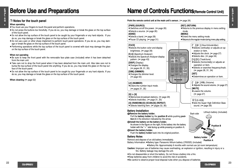 Page 1 de la notice Manuel utilisateur Panasonic CQ-DF802U