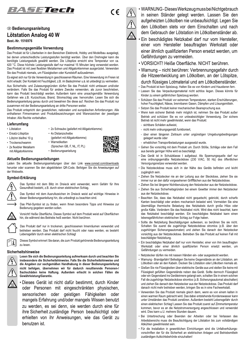 Page n°1 - Manuel utilisateur BaseTech 1516976
