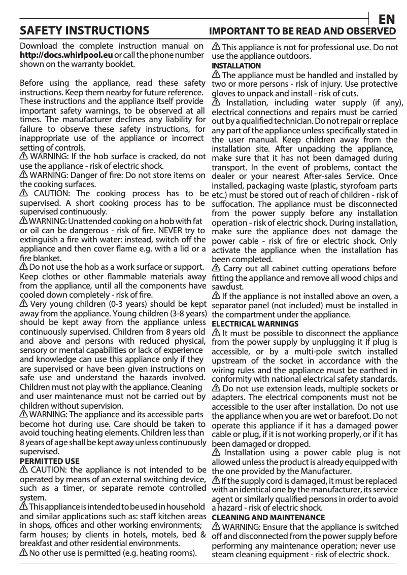 Page 1 de la notice Manuel utilisateur Whirlpool AKT 315/IX