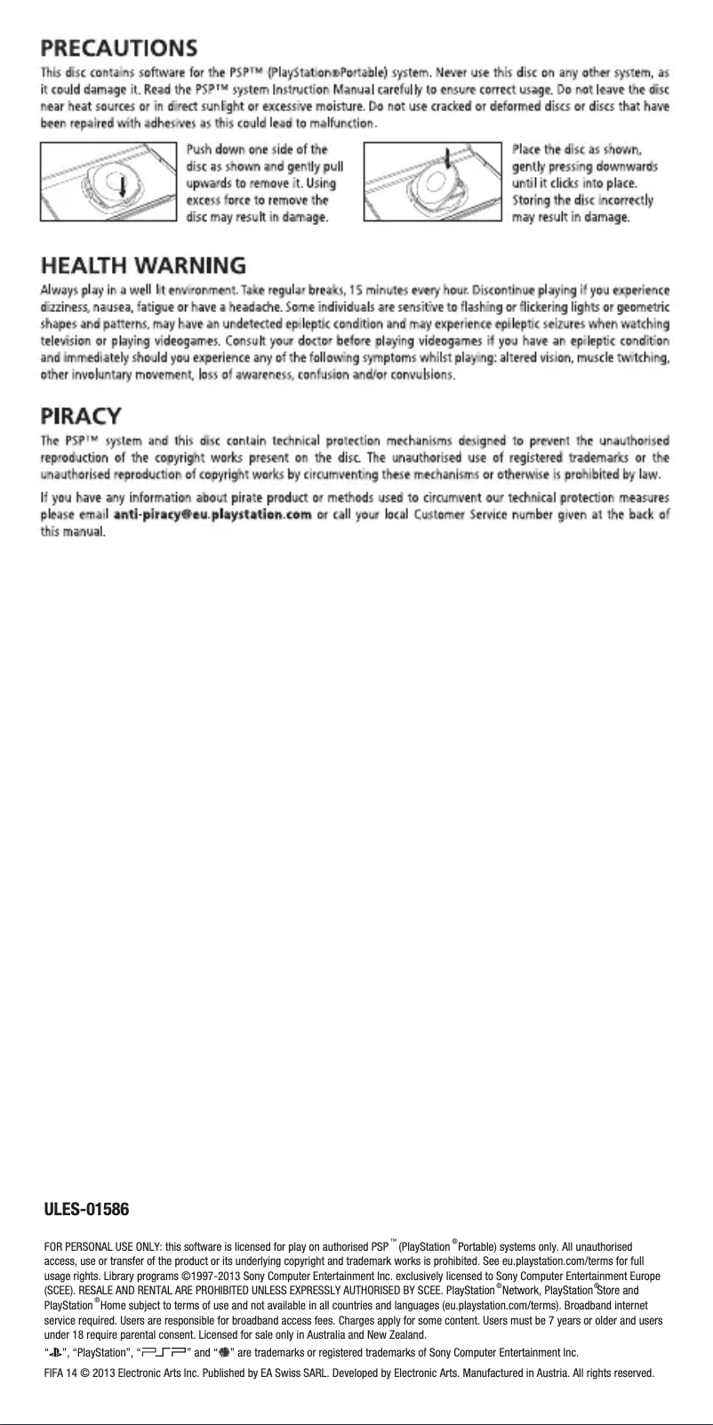 Page 1 de la notice Manuel utilisateur EA Fifa 14 (PSP)