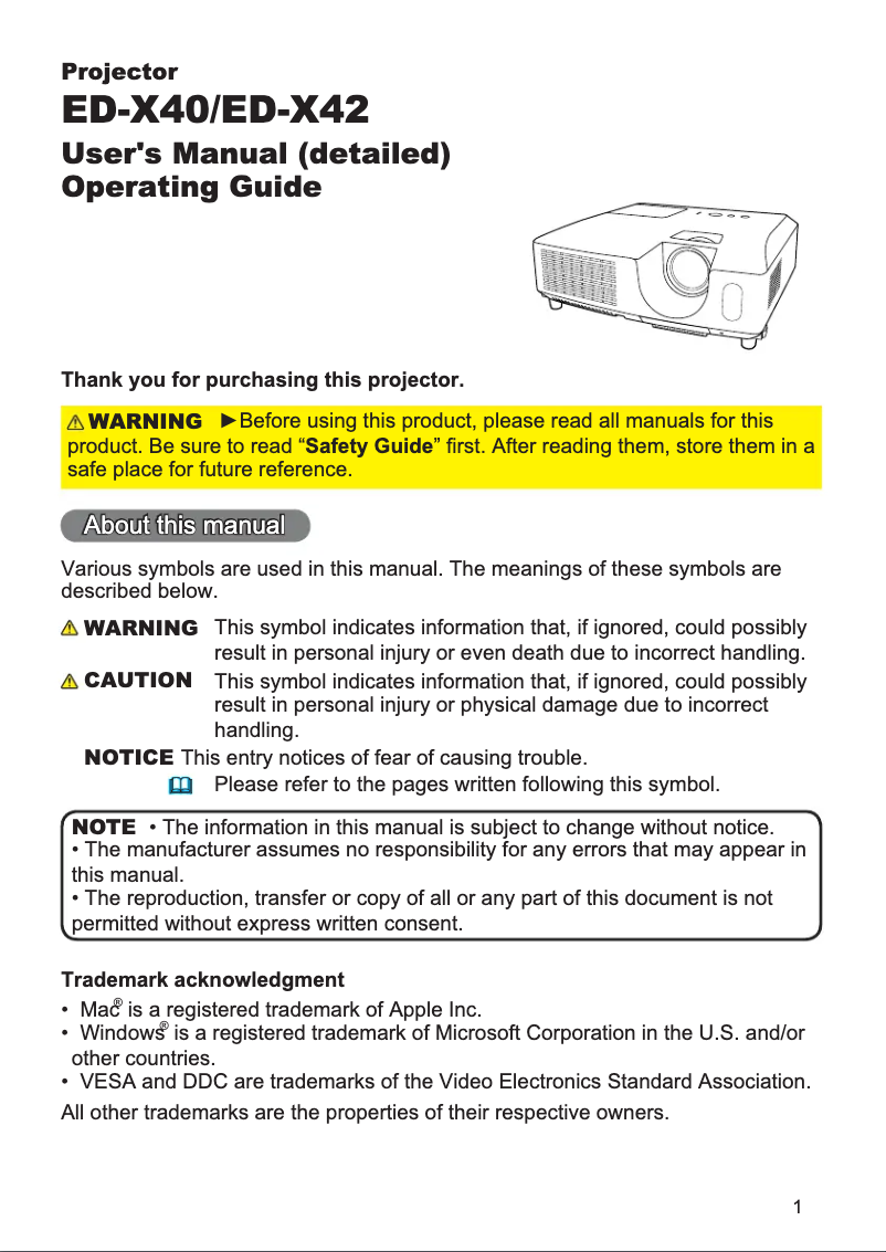 Page 1 de la notice Manuel utilisateur Hitachi ED-X40ZEP
