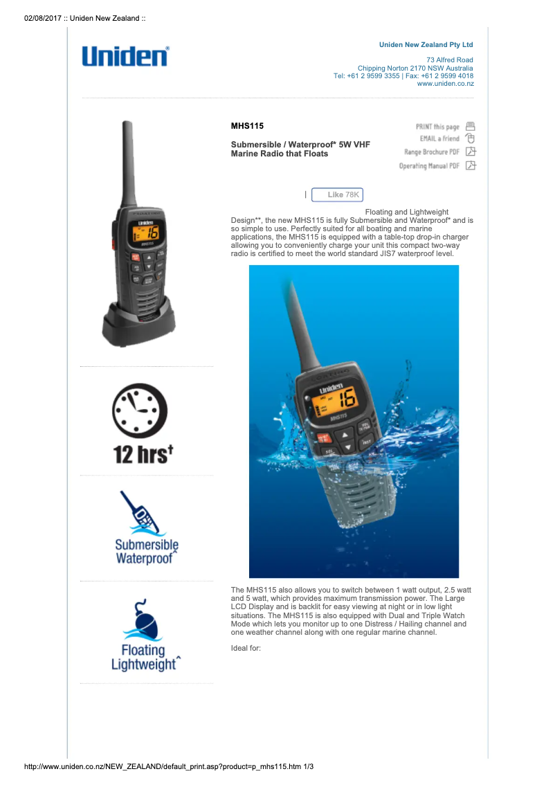 Page 1 de la notice Fiche technique Uniden MHS115