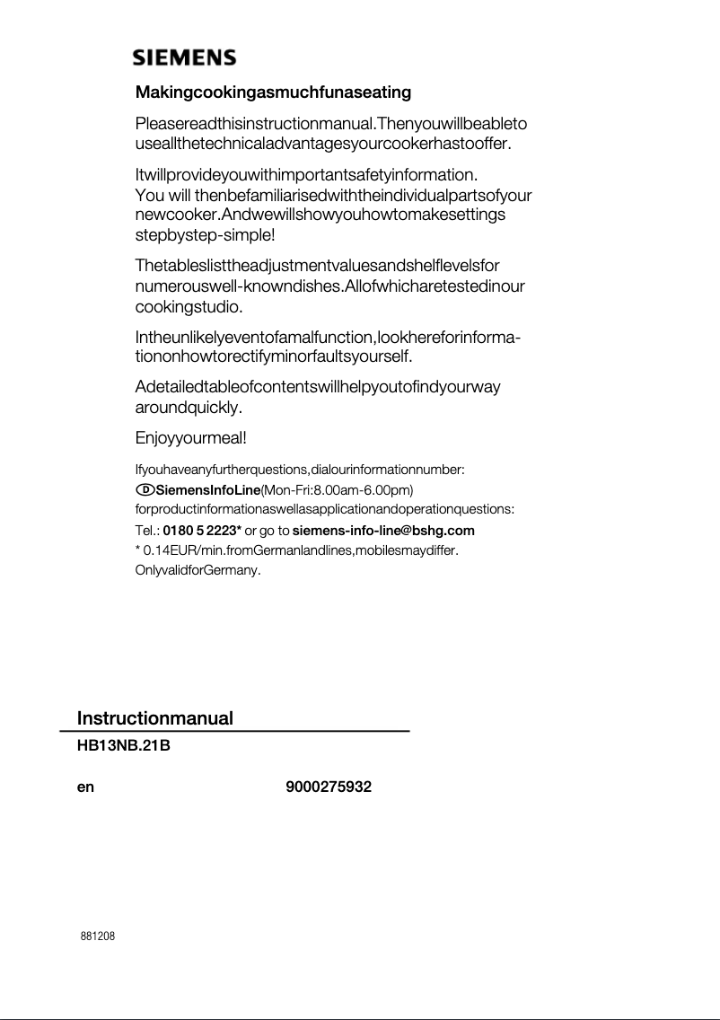 Page 1 de la notice Manuel utilisateur Siemens HB13NB221B