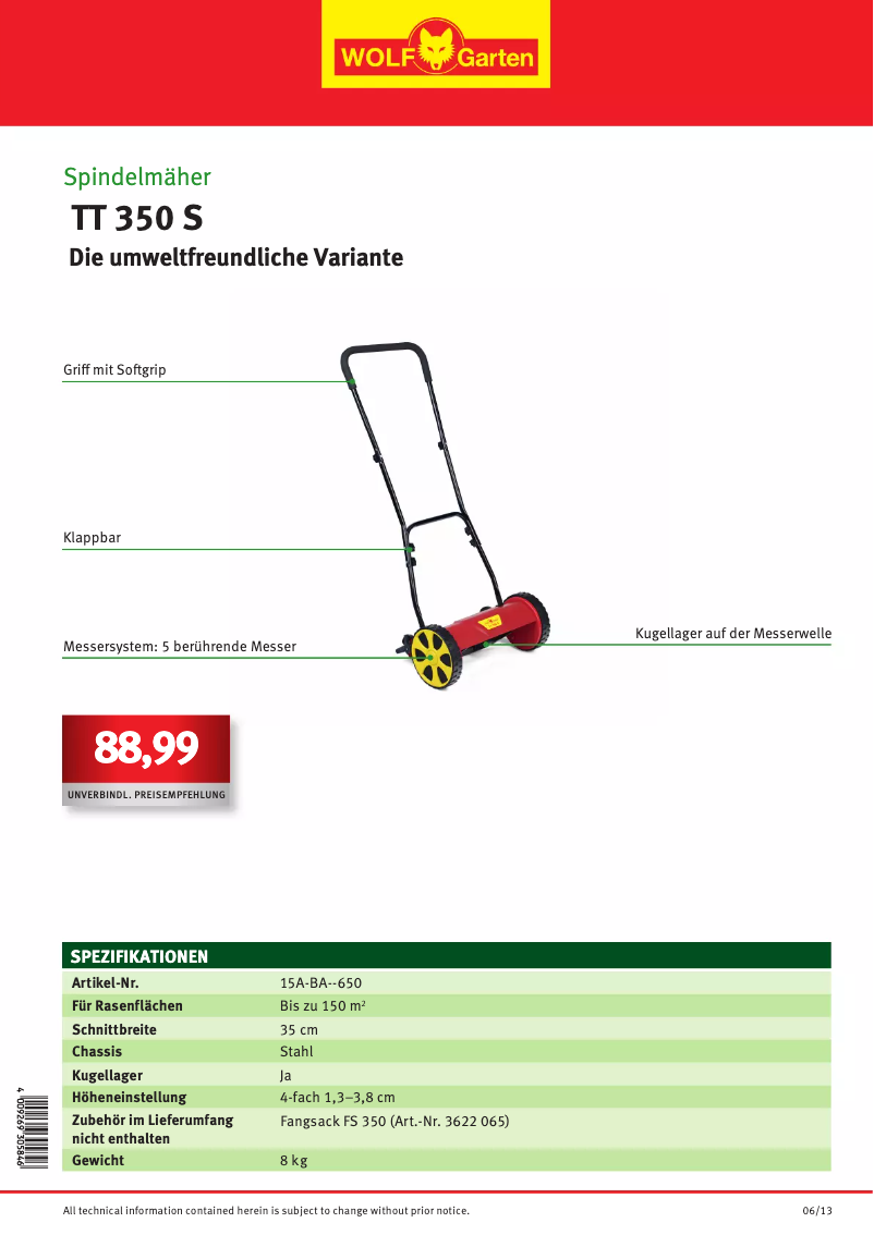 Página 1 del manual Ficha técnica Wolf Garten TT 350 S