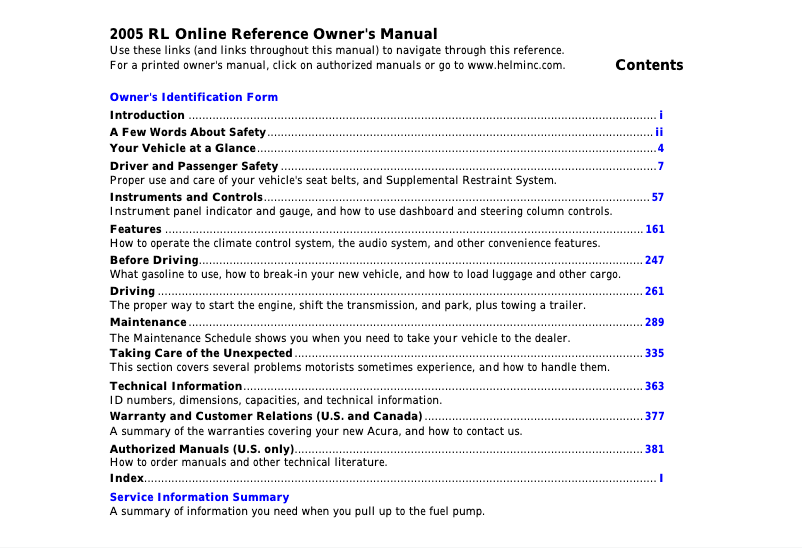 Page n°1 - Manuel utilisateur Acura RL (2005)