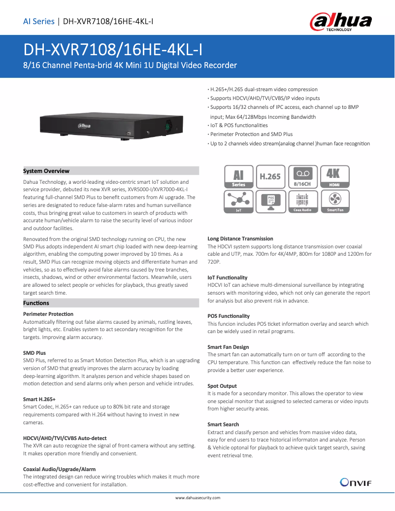 Page 1 de la notice Fiche technique Dahua Technology XVR7108/16HE-4KL-I