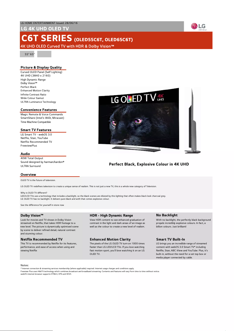 Page 1 de la notice Fiche technique LG OLED55C6T