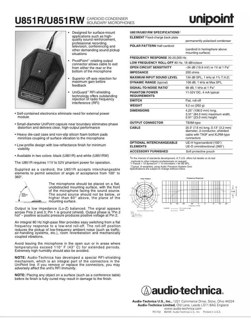 Page n°1 - Manuel utilisateur Audio-Technica U851RW