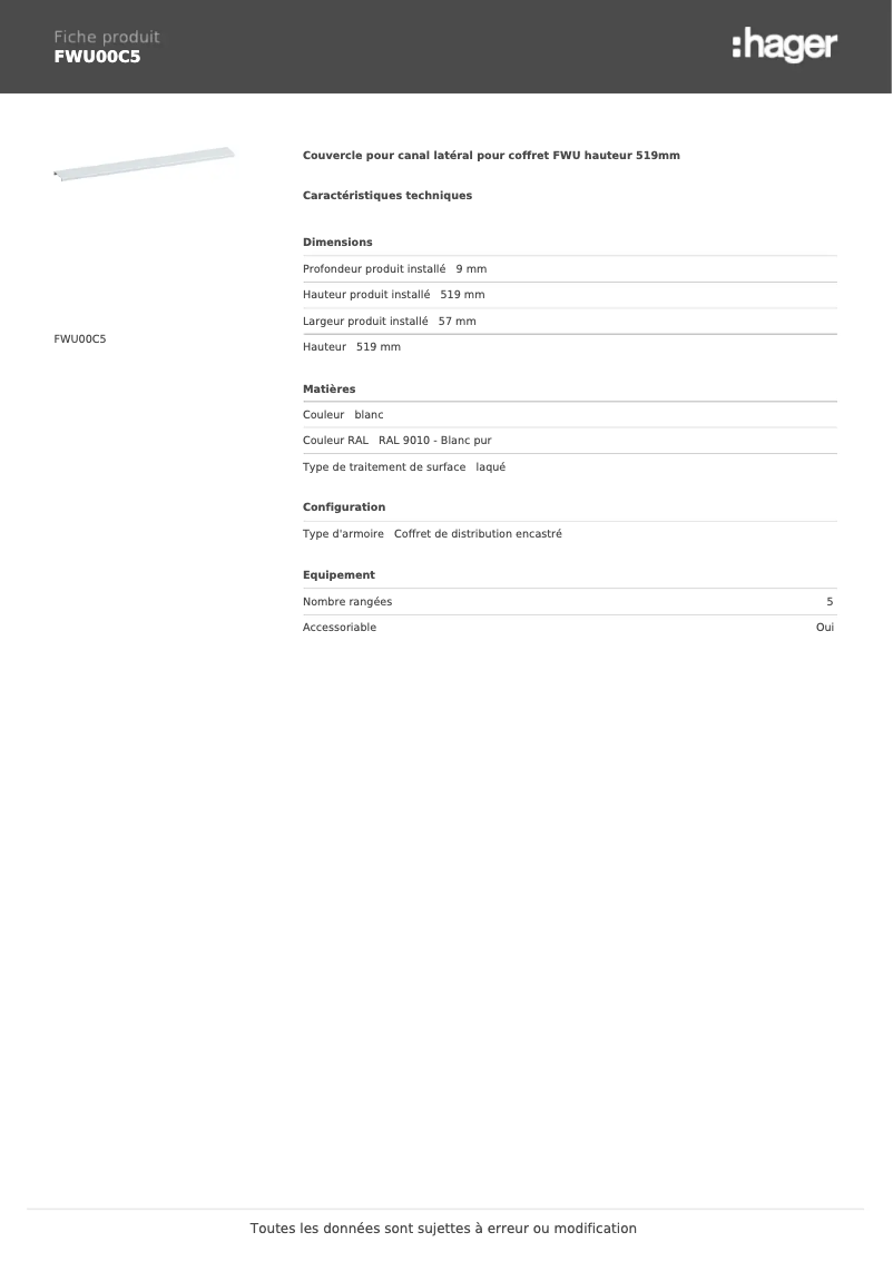 Page 1 de la notice Fiche technique Hager FWU00C5