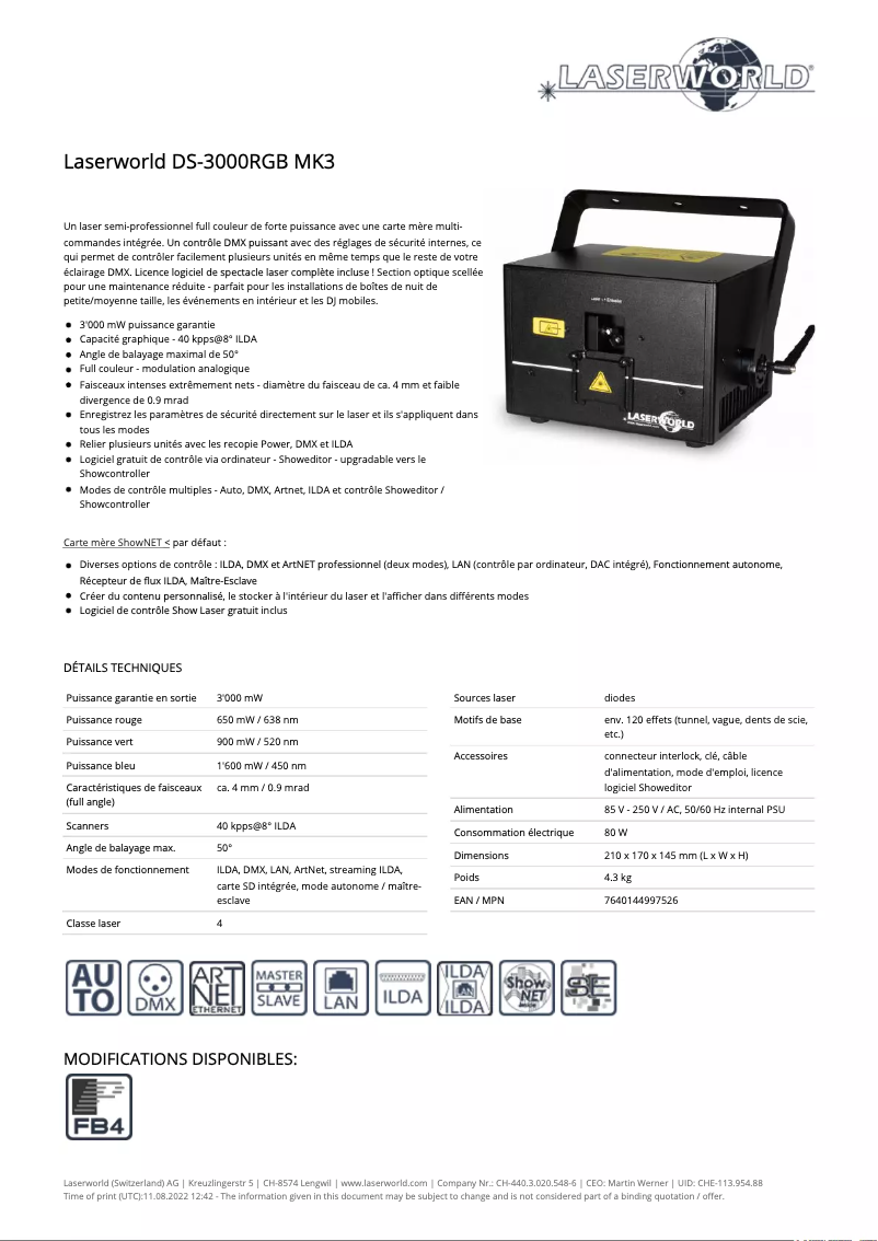 Page 1 de la notice Fiche technique Laserworld DS-3000RGB MK3