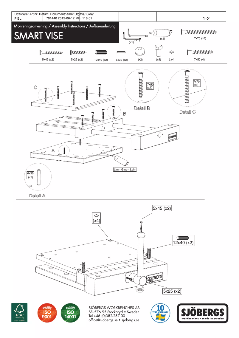 Page 1 de la notice Instructions / montage Sjöbergs Smart Vise