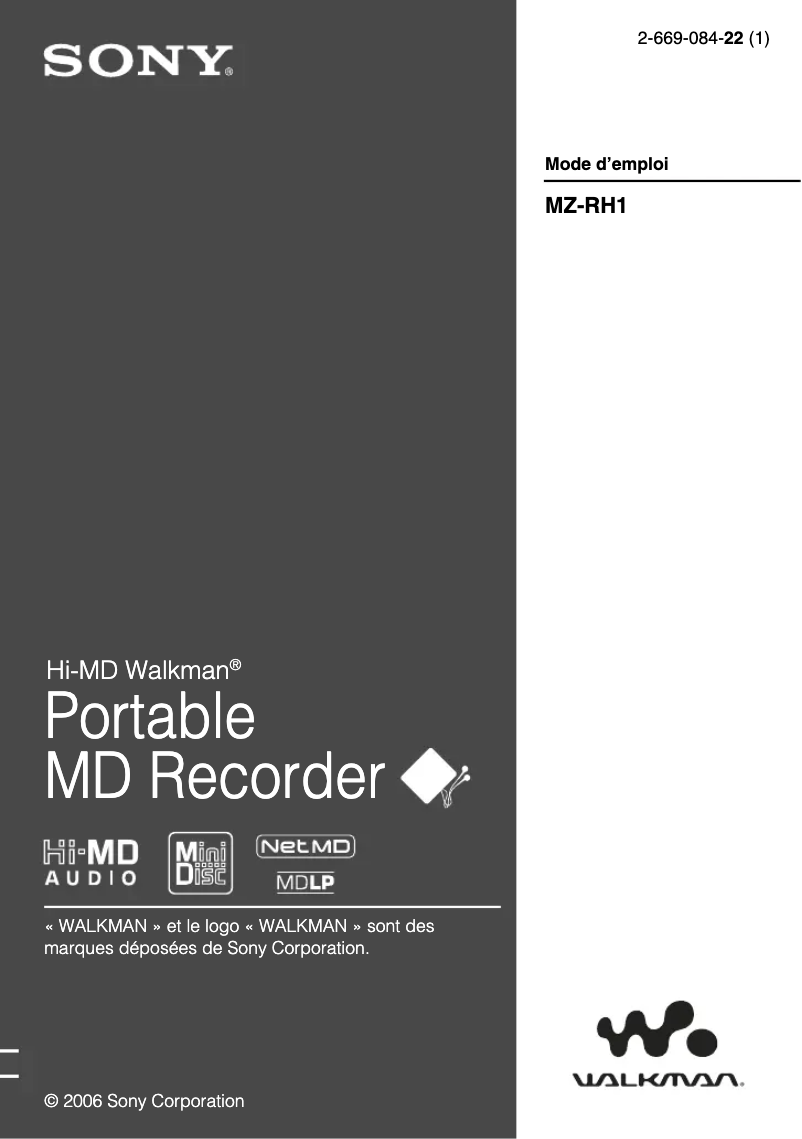 Page 1 de la notice Manuel utilisateur Sony MZ-RH1
