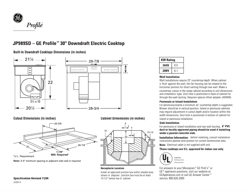Page 1 of the manual Technical Sheet GE Profile JP989SDSS