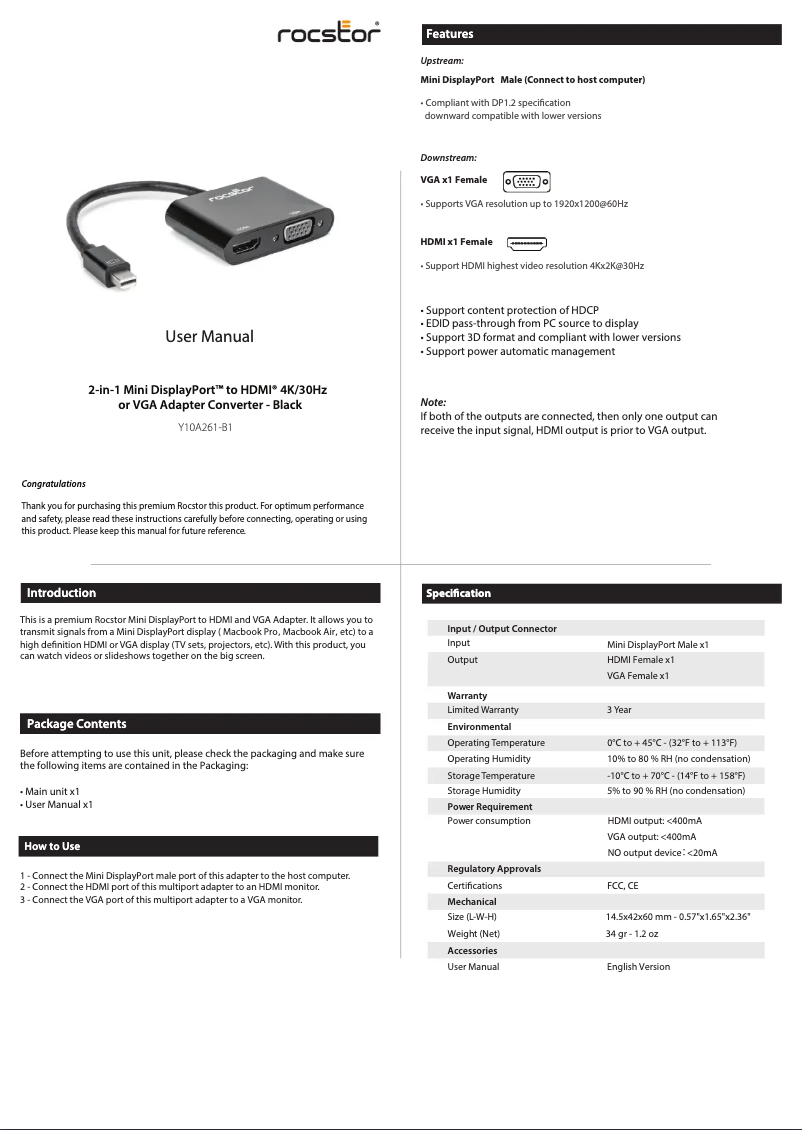 Page 1 de la notice Manuel utilisateur Rocstor Y10A261-B1