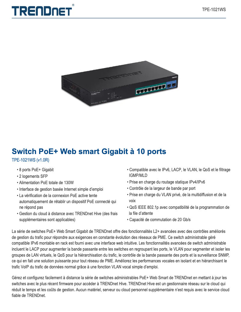 Page 1 de la notice Fiche technique TRENDnet TPE-1021WS