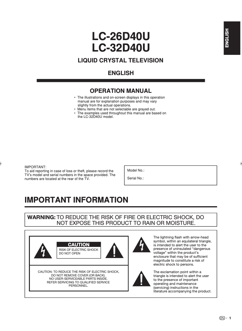 Image de la première page du manuel de l'appareil Aquos LC-26D40U
