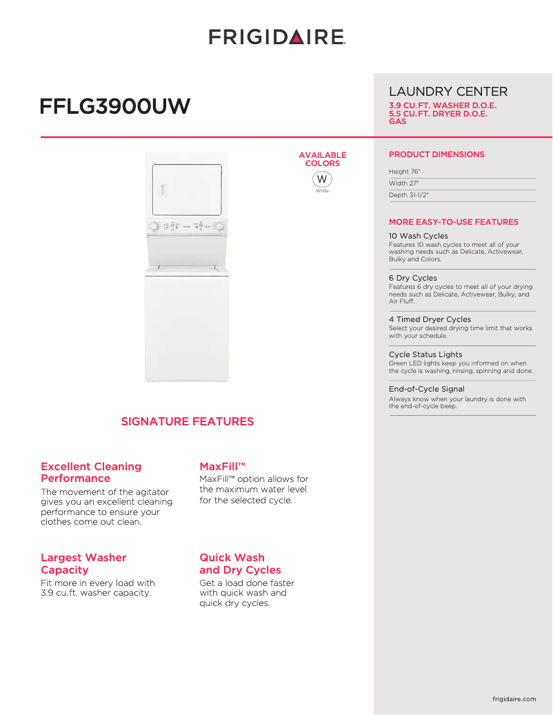 Page 1 de la notice Fiche technique Frigidaire FFLG3900UW