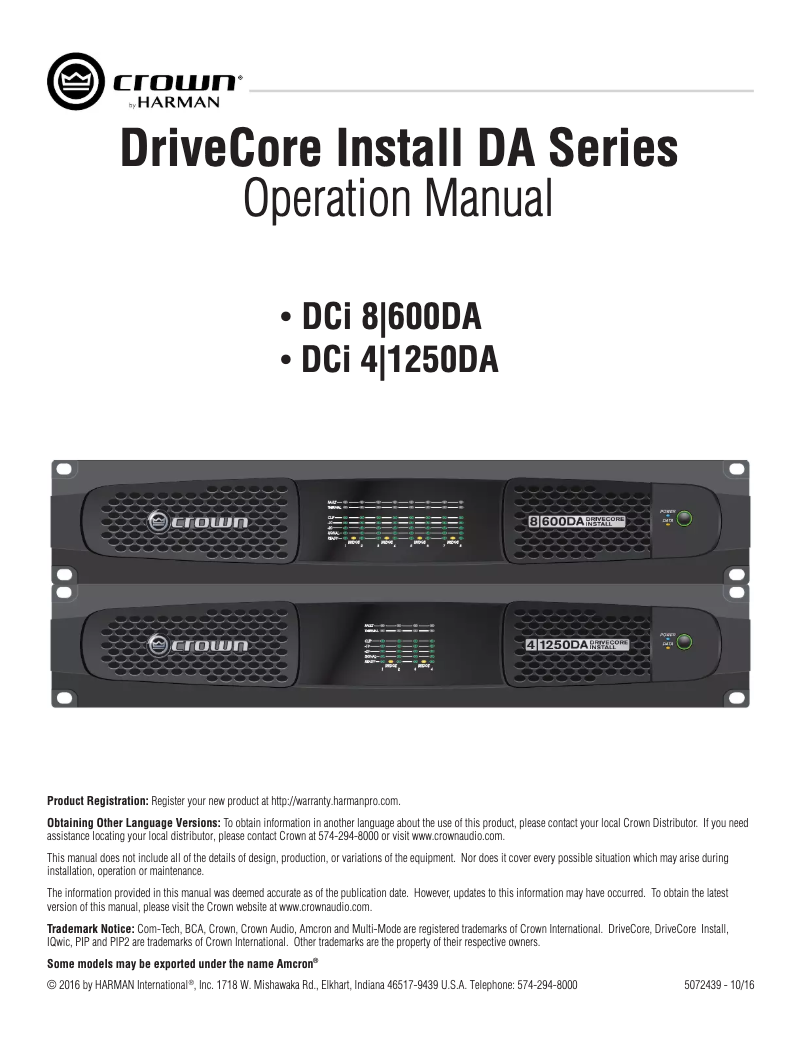 Page n°1 - Manuel utilisateur Crown DriveCore Install DCi 8|600DA