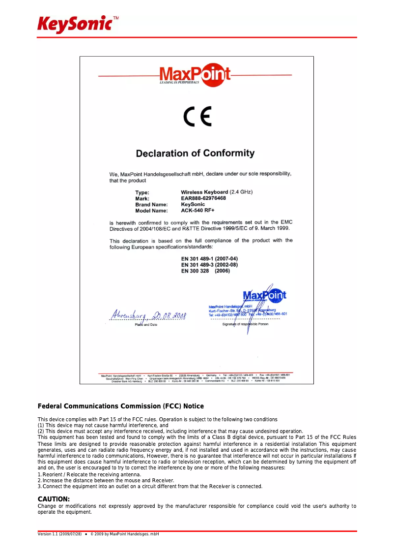 Page n°1 - Manuel utilisateur KeySonic ACK-540RF+