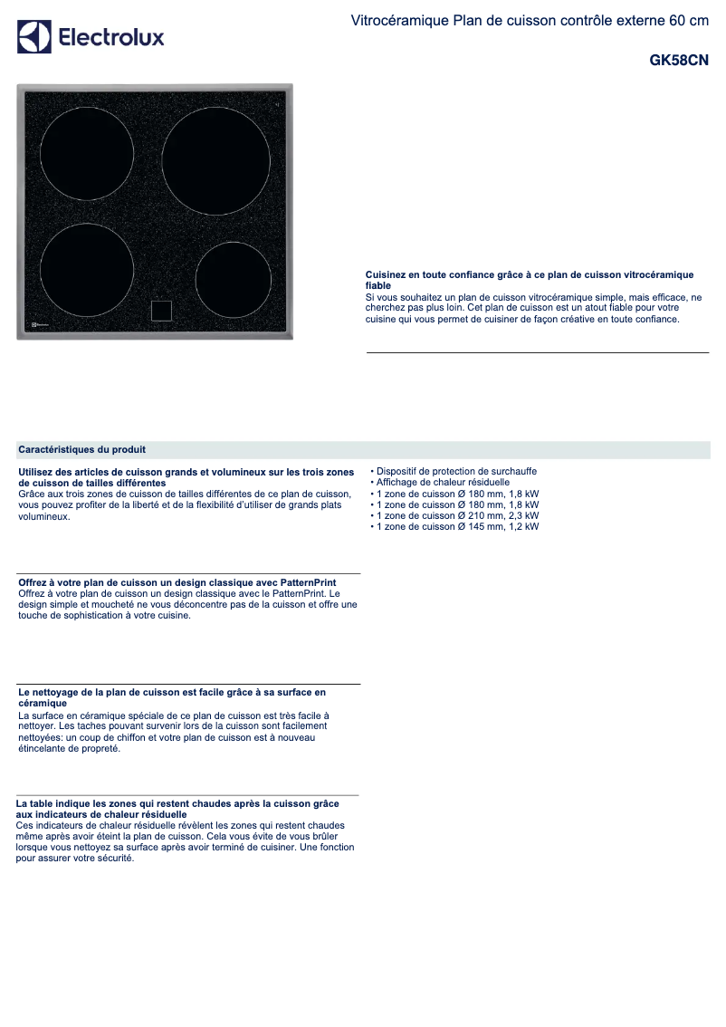 Page n°1 - Fiche technique Electrolux GK58CN