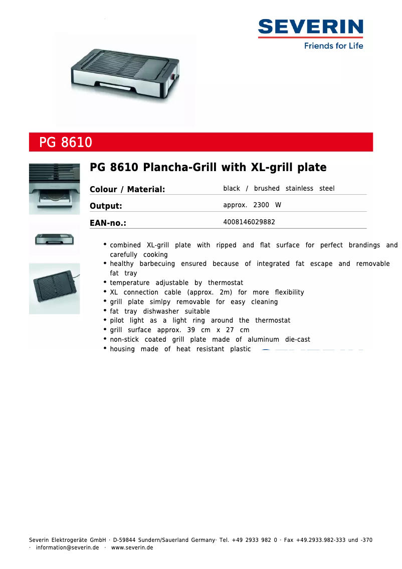 Page 1 de la notice Fiche technique Severin PG 8610