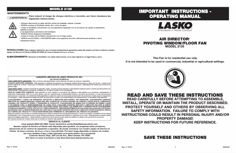 Page 1 de la notice Manuel utilisateur Lasko 2135