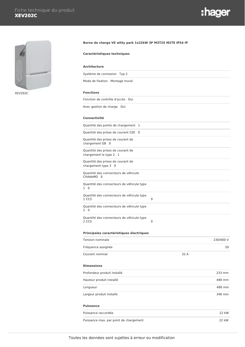 Page n°1 - Fiche technique Hager XEV202C