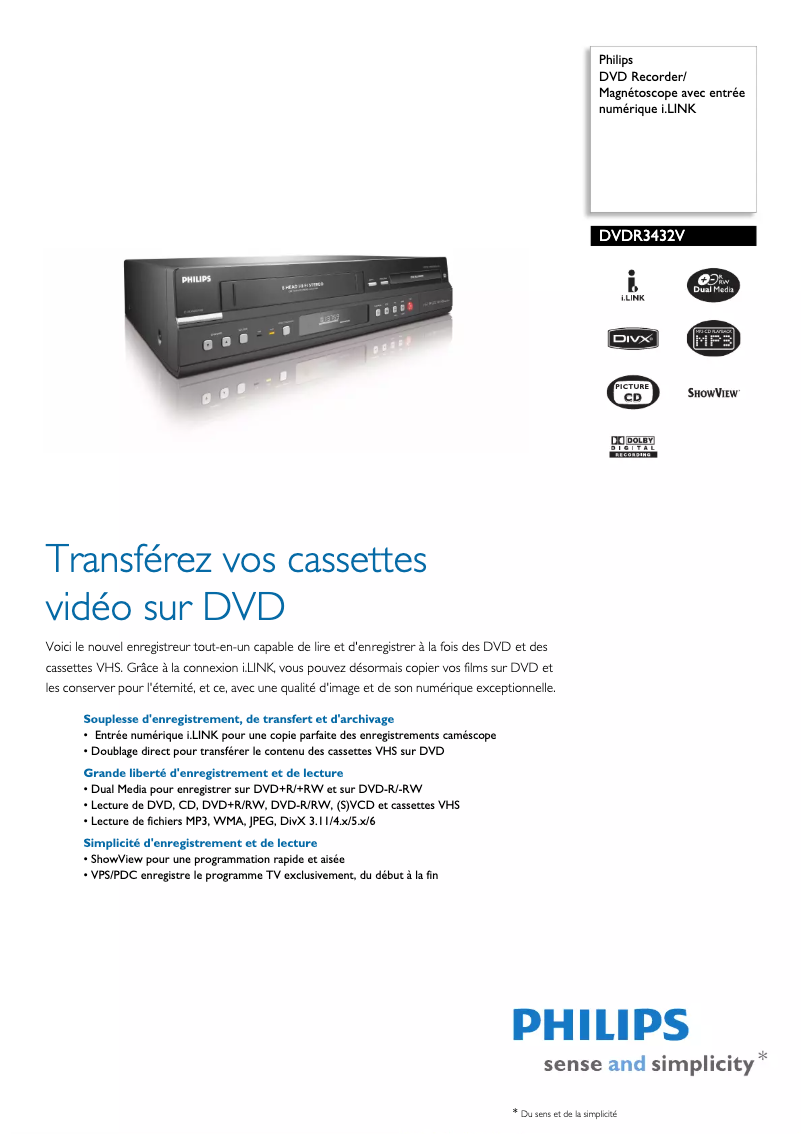 Page 1 de la notice Fiche technique Philips DVDR3432V