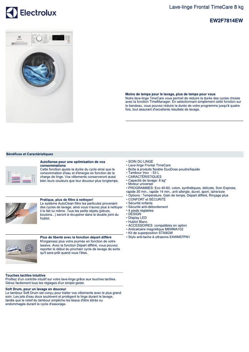Page 1 de la notice Fiche technique Electrolux EW2F7814EW