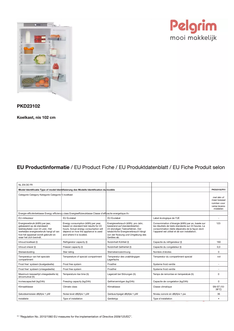 Page 1 de la notice Fiche technique Pelgrim PKD23102