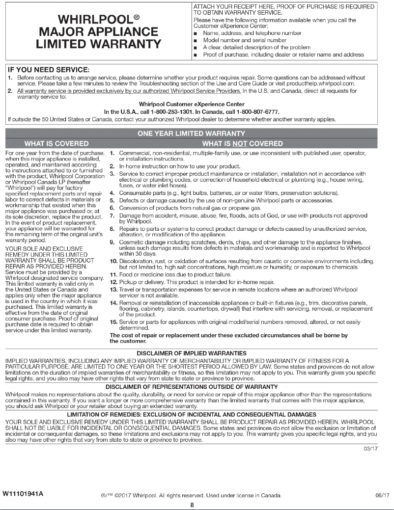 Page 1 de la notice Informations de garantie Whirlpool WRS325SDHB