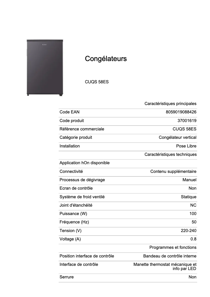 Page 1 de la notice Fiche technique Candy CUQS 58ES