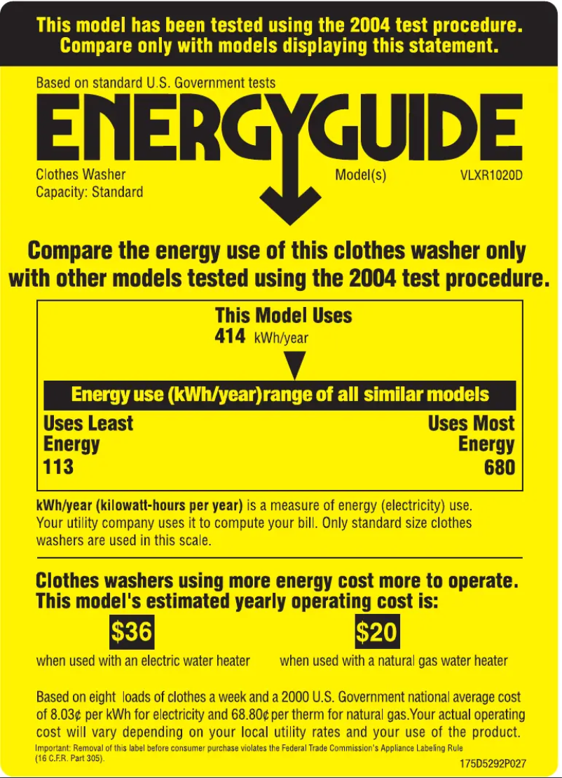 Page 1 de la notice Label énergétique Hotpoint VLXR1020DWO