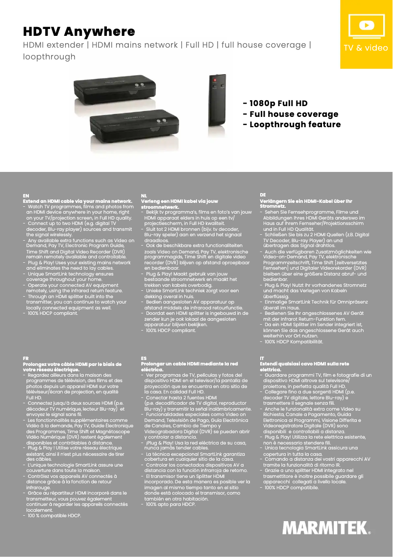 Page 1 de la notice Fiche technique Marmitek HDTV Anywhere
