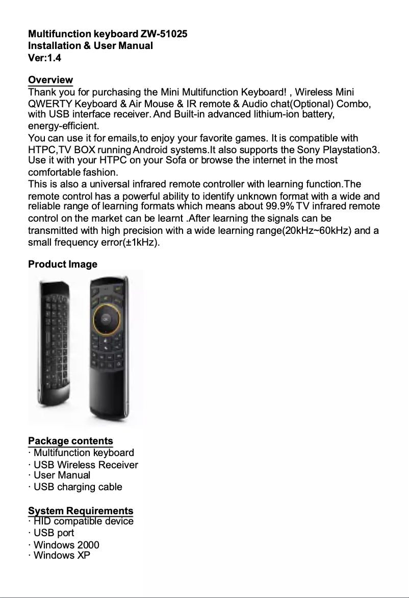 Page 1 de la notice Manuel utilisateur Zoweetek ZW-51025