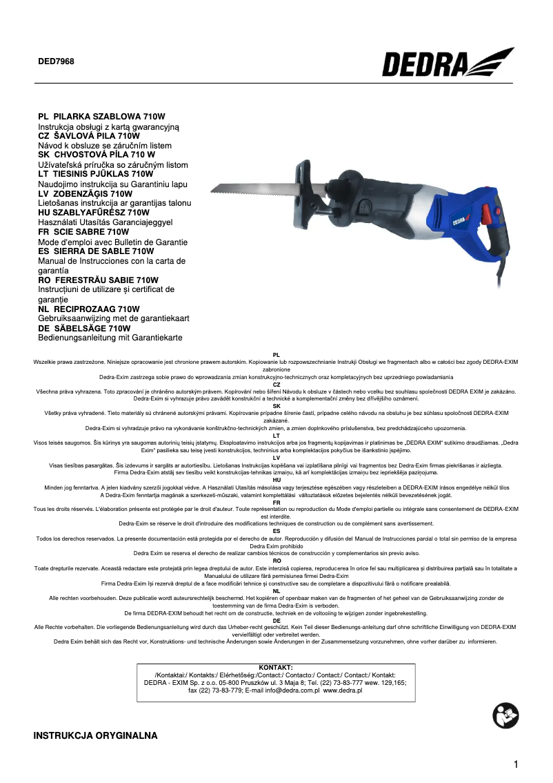 Page n°1 - Manuel utilisateur DEDRA DED7968