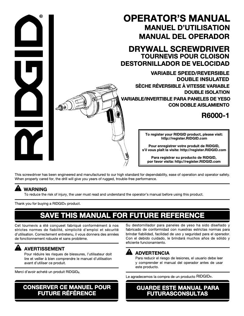 Page 1 de la notice Manuel utilisateur Ridgid R6000