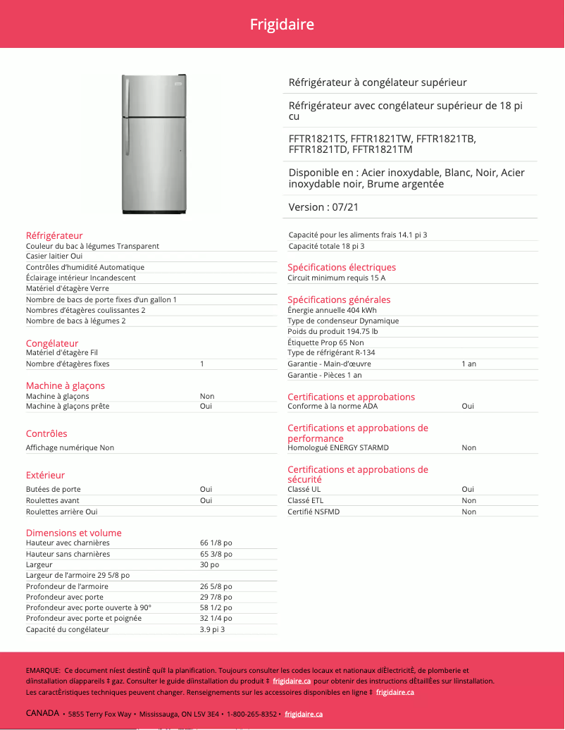 Página 1 del manual Ficha técnica Frigidaire FFTR1821TB