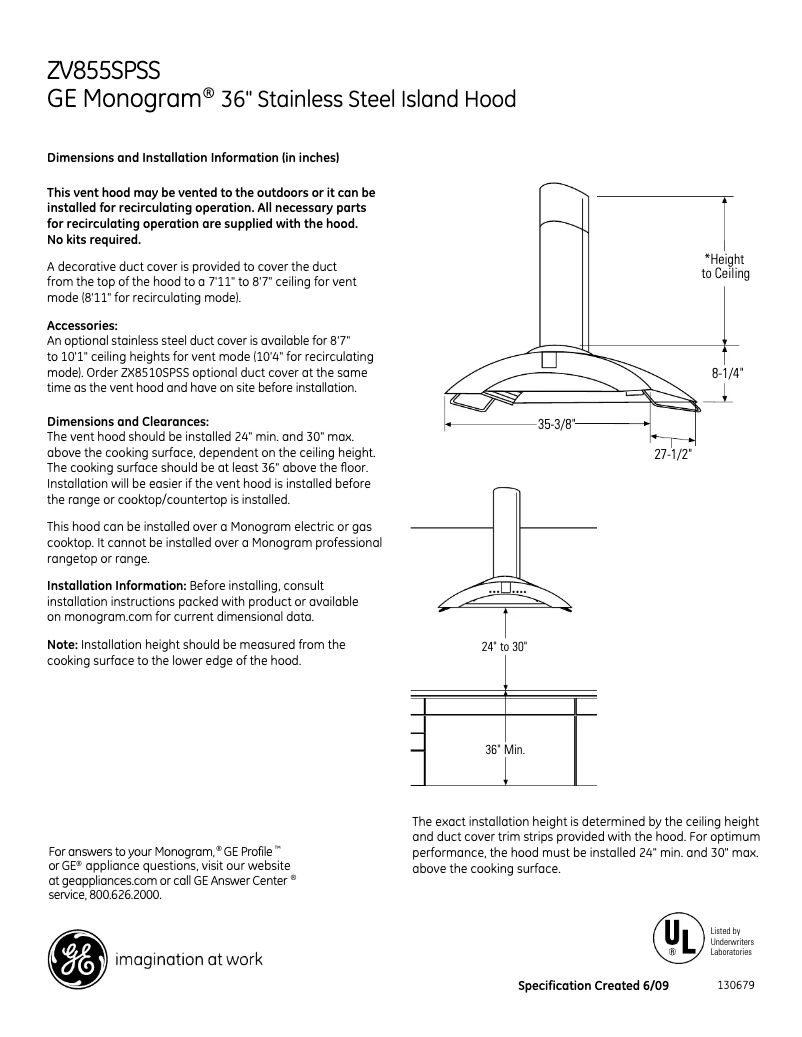 Page 1 de la notice Fiche technique Monogram ZV855SPS