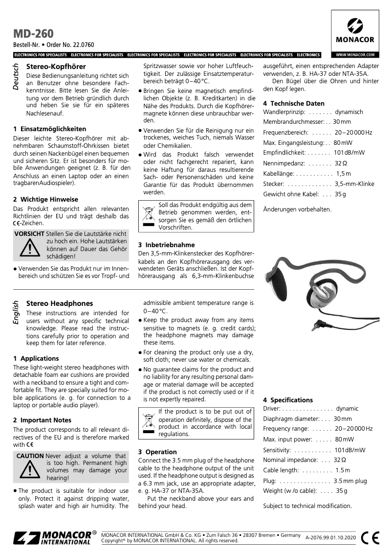 Page 1 de la notice Manuel utilisateur Monacor MD-260