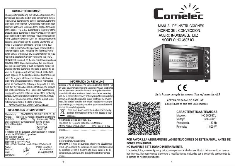 Página 1 del manual Manual de usuario Comelec HO3807ICL