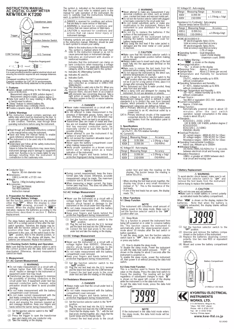 Page 1 de la notice Manuel utilisateur Kyoritsu KT 200
