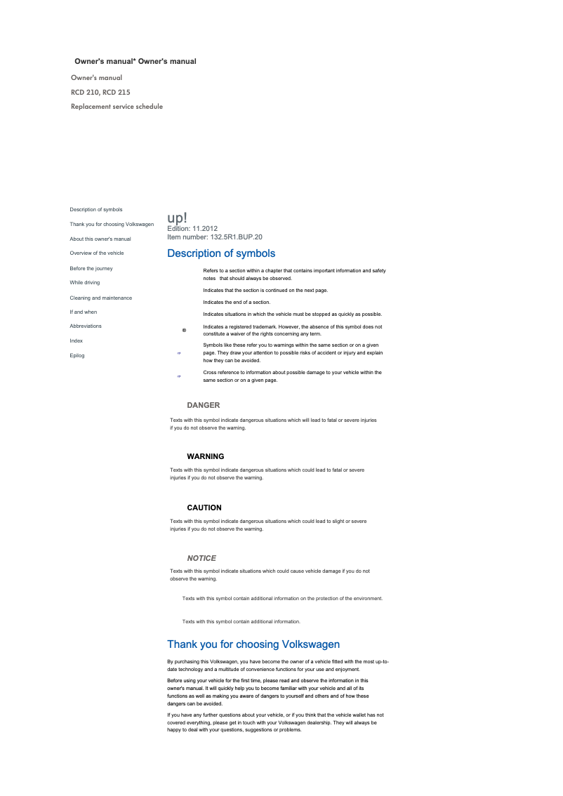 Page 1 de la notice Manuel utilisateur Volkswagen Up! (2013)