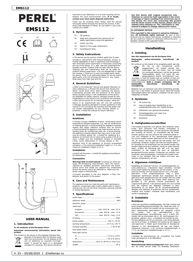 Page 1 de la notice Manuel utilisateur Perel EMS112