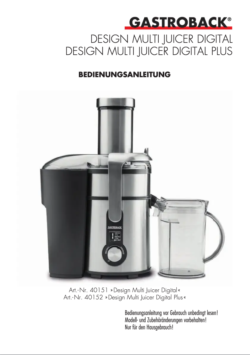 Image de la première page du manuel de l'appareil Design Multi Juicer Digital Plus 40152